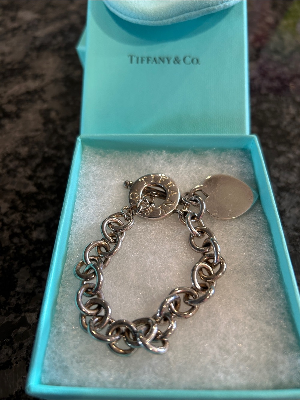 Tiffany & Co. Silver Link Bracelet with Engraved Toggle and Heart Tag